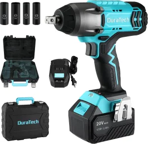DURATECH Cordless Impact Wrench - Gifts for Dad, 20V Impact Gun, 1/2'' Drive, 330 Ft/lbs Max Torque, with 4 Impact Sockets, 4.0Ah Large Capacity Battery and Fast Charger Included, Great Gifts