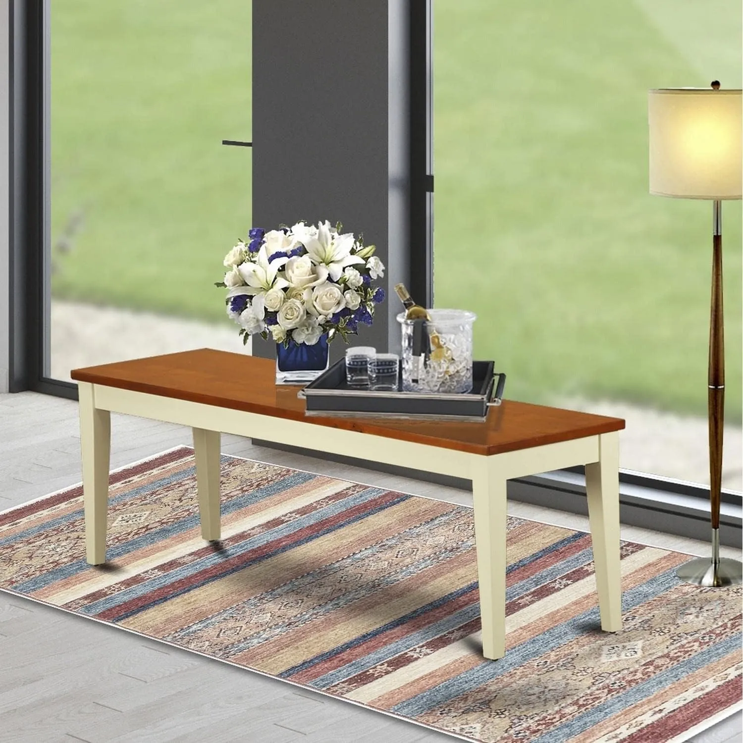 East West Furniture Nib-WHI-W Nicoli Dining Room Bench with Wood Seat, 54x15x17 Inch, Buttermilk & Cherry