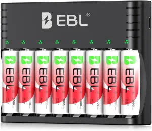 EBL Rechargeable AA Batteries Lithium, 8 Pack 1.5V 3000mWh Double A Battery, 1600 Cycles Long Lasting Batteries with 1.5V Li-ion & 1.2V NiMH/NiCD AA AAA Battery Charger
