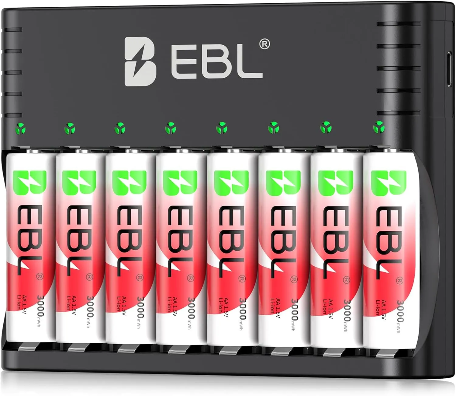 EBL Rechargeable AA Batteries Lithium, 8 Pack 1.5V 3000mWh Double A Battery, 1600 Cycles Long Lasting Batteries with 1.5V Li-ion & 1.2V NiMH/NiCD AA AAA Battery Charger