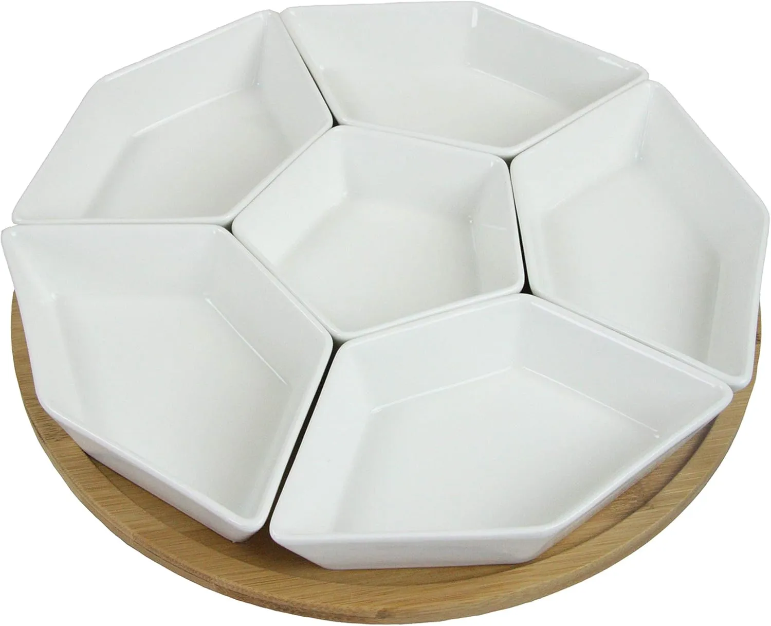 Elama Ceramic Stoneware Condiment Appetizer Set, 7 Piece, Geometric Round in White and Natural Bamboo