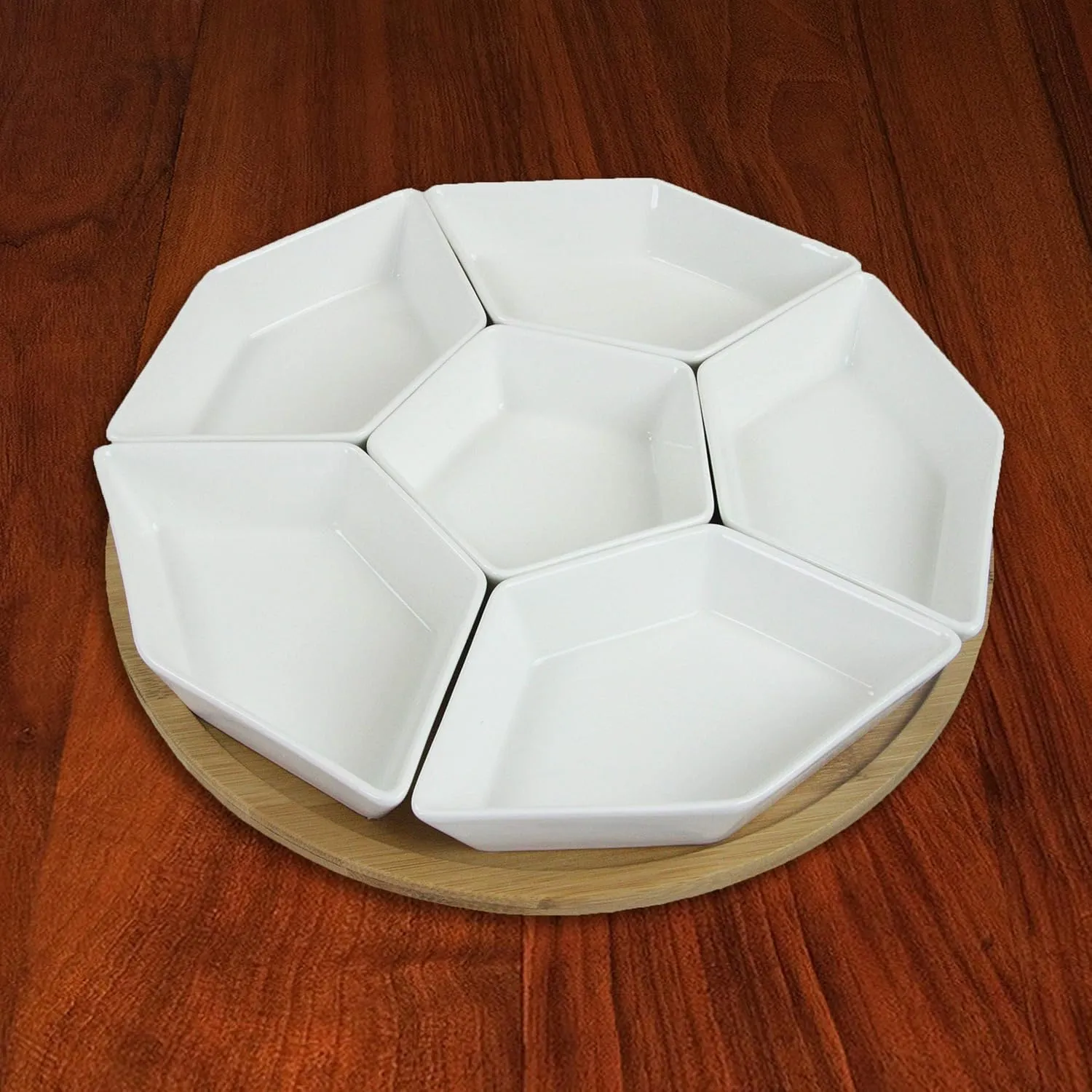 Elama Ceramic Stoneware Condiment Appetizer Set, 7 Piece, Geometric Round in White and Natural Bamboo