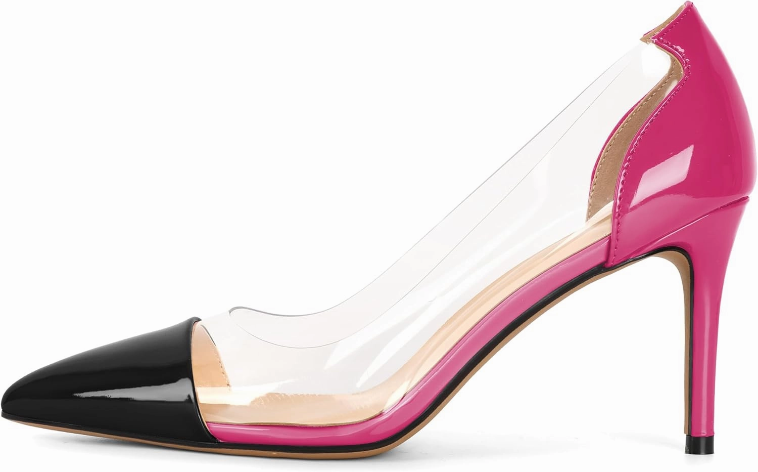 Eldof Women's Stilettos Pumps Pointed Toe Clear Transparent PVC Vamp High Heels Slip on 3 Inch Wedding Dressy Work Shoes