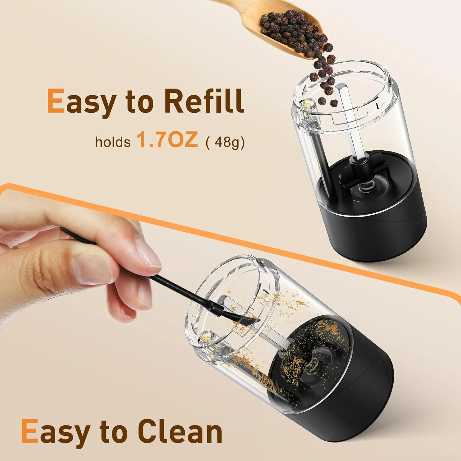 Electric Salt and Pepper Grinder Set, Rechargeable Automatic Pepper Mill Grinder with LED Light, Adjustable Coarseness shakers, One-Hand Operation for Kitchen(2 Pack, Upgrade Black Black)