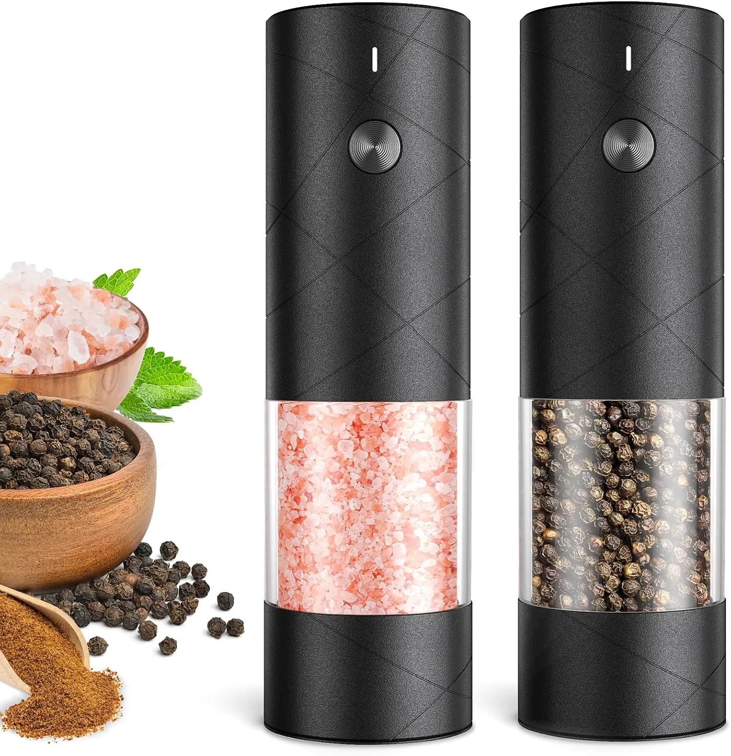 Electric Salt and Pepper Grinder Set, Rechargeable Automatic Pepper Mill Grinder with LED Light, Adjustable Coarseness shakers, One-Hand Operation for Kitchen(2 Pack, Upgrade Black Black)
