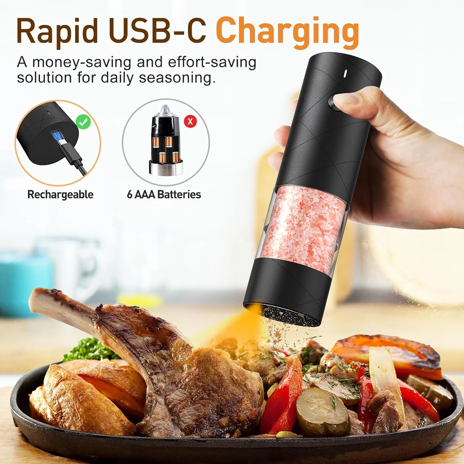 Electric Salt and Pepper Grinder Set, Rechargeable Automatic Pepper Mill Grinder with LED Light, Adjustable Coarseness shakers, One-Hand Operation for Kitchen(2 Pack, Upgrade Black Black)