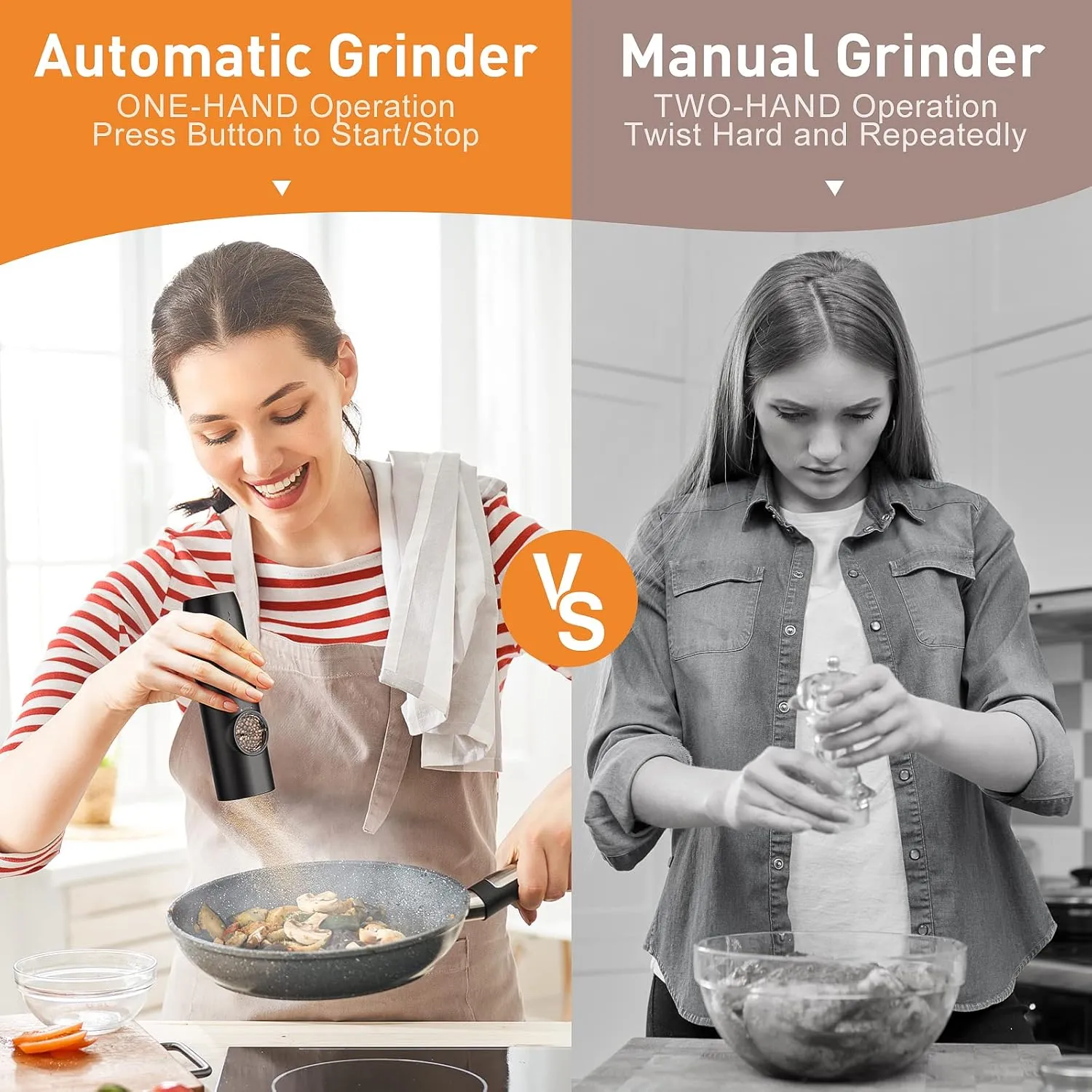 Electric Salt and Pepper Grinder Set, Rechargeable Automatic Pepper Mill Grinder with LED Light, Adjustable Coarseness shakers, One-Hand Operation for Kitchen(2 Pack,Black White)