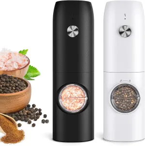 Electric Salt and Pepper Grinder Set, Rechargeable Automatic Pepper Mill Grinder with LED Light, Adjustable Coarseness shakers, One-Hand Operation for Kitchen(2 Pack,Black White)