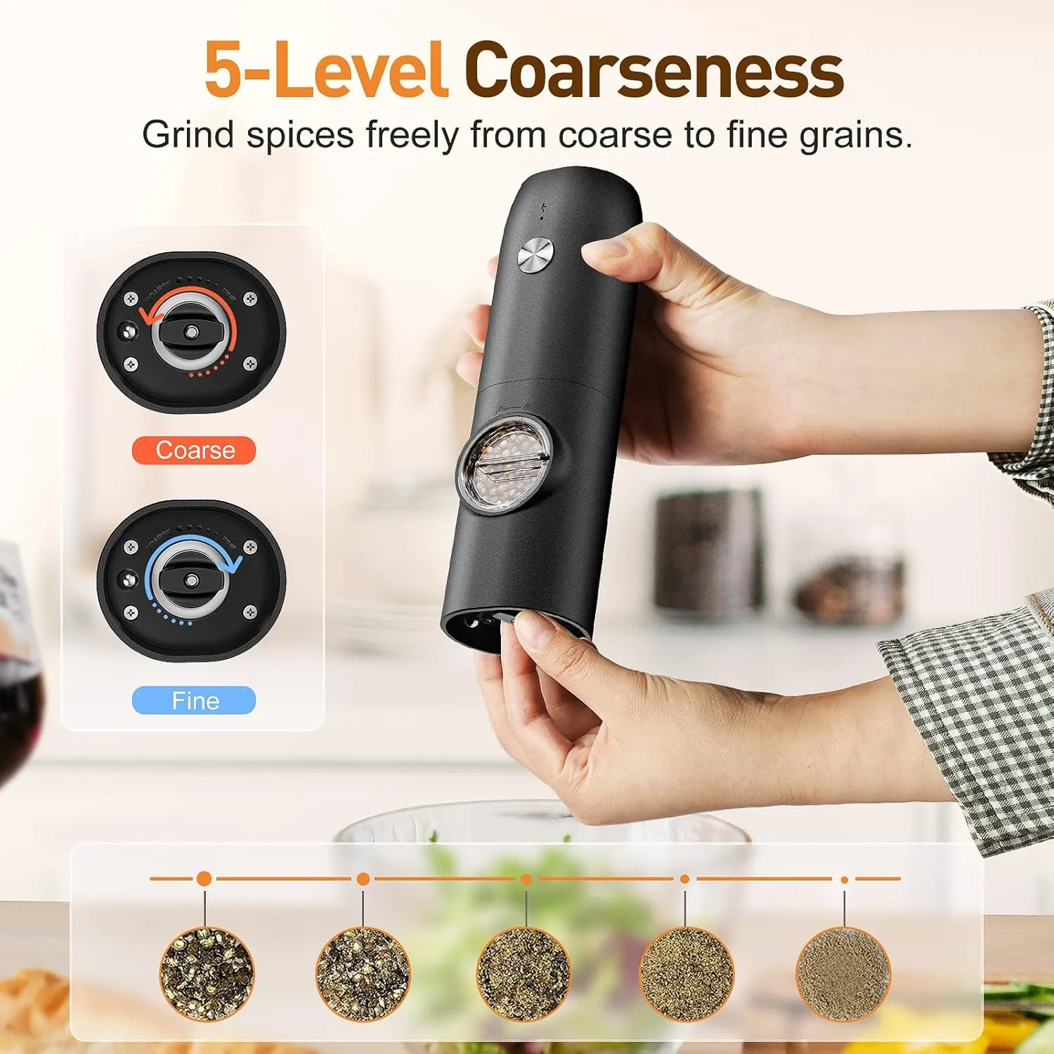 Electric Salt and Pepper Grinder Set, Rechargeable Automatic Pepper Mill Grinder with LED Light, Adjustable Coarseness shakers, One-Hand Operation for Kitchen(2 Pack,Black White)