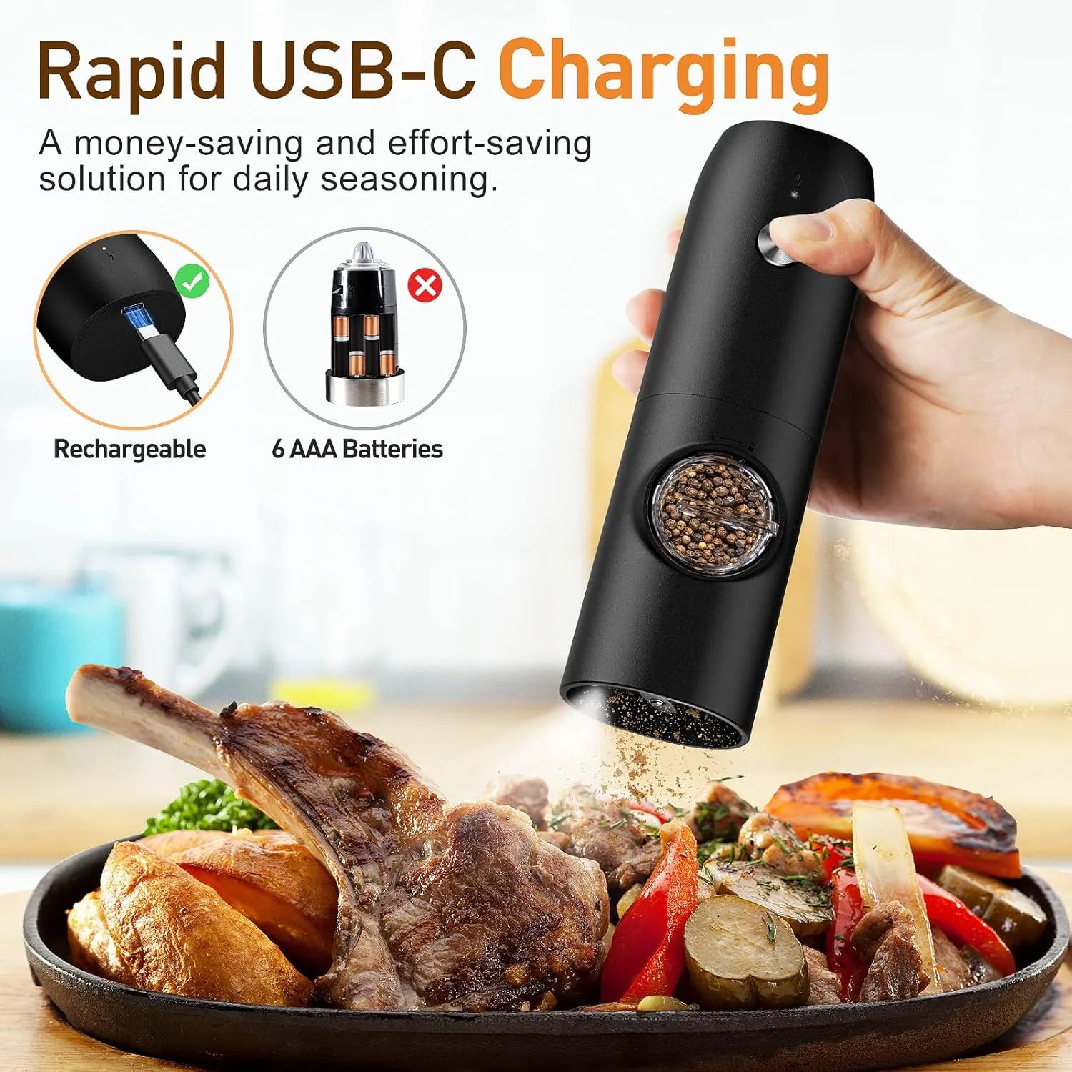 Electric Salt and Pepper Grinder Set, Rechargeable Automatic Pepper Mill Grinder with LED Light, Adjustable Coarseness shakers, One-Hand Operation for Kitchen(2 Pack,Black White)