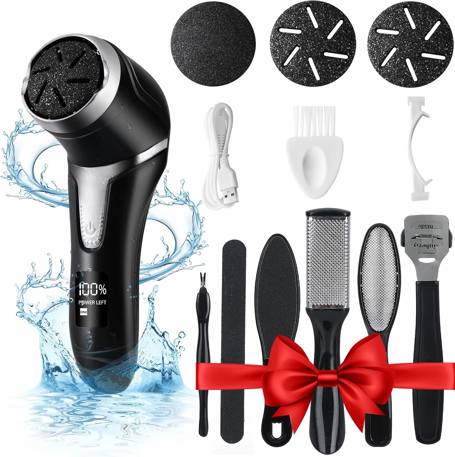 Electric Callus Remover for Feet with Dander Vacuum Cleaner，Yooikeey® Portable Rechargeable Quartz Pedicure Tools for feet，Waterproof Foot Scrubber，3Heads & 2Speed, LCD Display (Black) (Black)