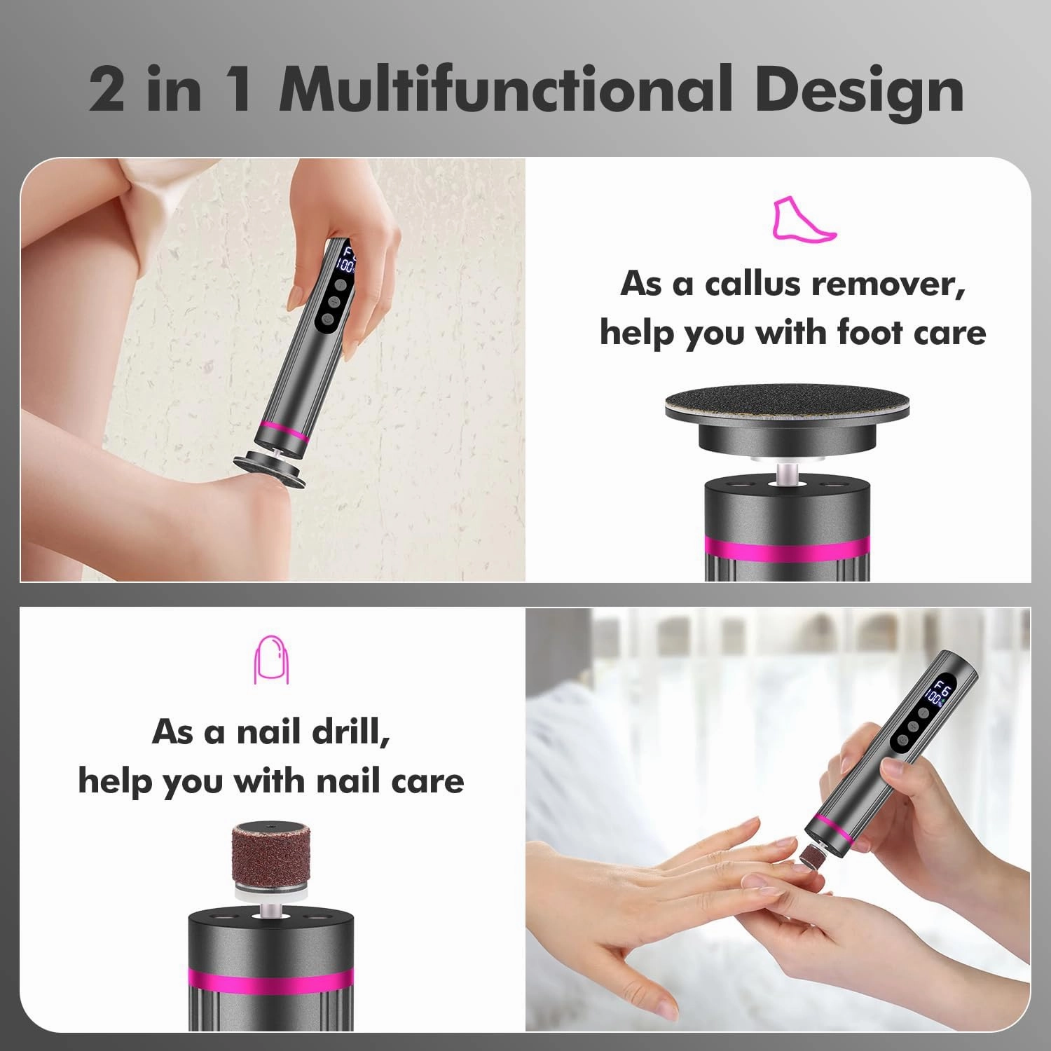 Electric Foot Callus Remover Cordless, 2 in 1 Rechargeable Metal Foot Sander & Nail File with 9 Speed Level and 40Pcs Sandpaper Discs, 13000RPM Professional Feet Pedicure Tools for Dead Skin