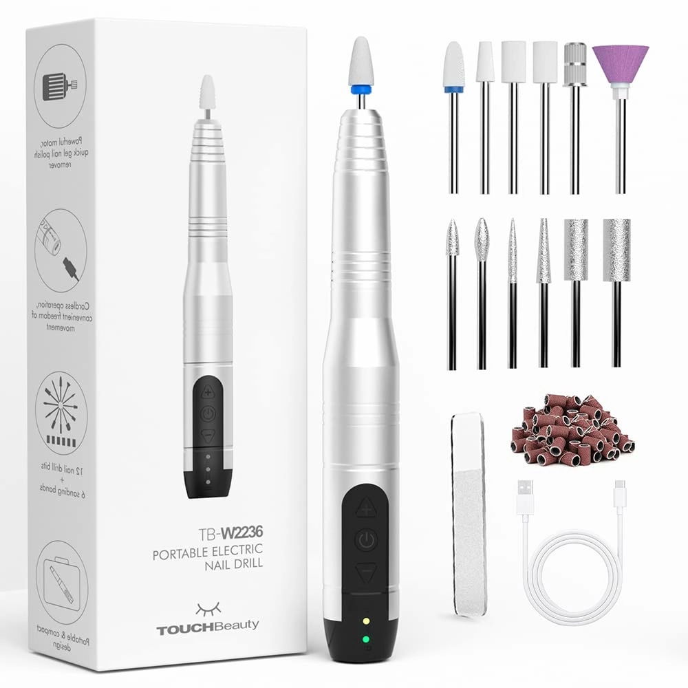 Electric Nail Drill Cordless, TOUCHBeauty Electric Nail File Machine Professional 12 in 1 for Acrylic Gel Nails, Manicure Pedicure Kit for Polishing Rechargeable (Silver)