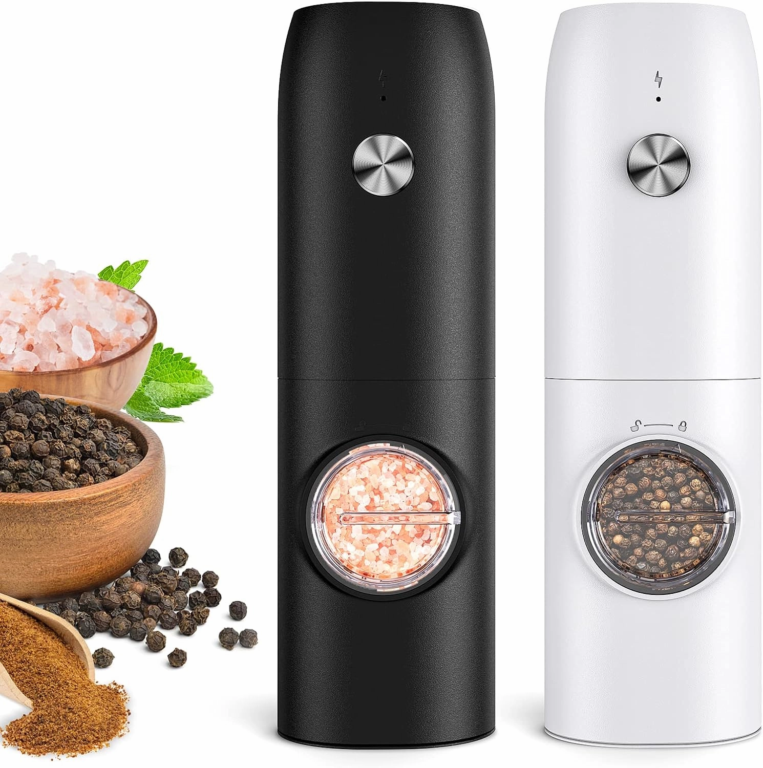 Electric Salt and Pepper Grinder Set, Rechargeable Automatic Pepper Mill Grinder with LED Light, Adjustable Coarseness shakers, One-Hand Operation for Kitchen(2 Pack,Black White)
