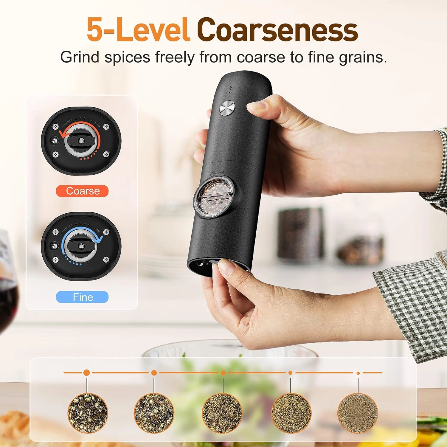 Electric Salt and Pepper Grinder Set, Rechargeable Automatic Pepper Mill Grinder with LED Light, Adjustable Coarseness shakers, One-Hand Operation for Kitchen(2 Pack,Black White)