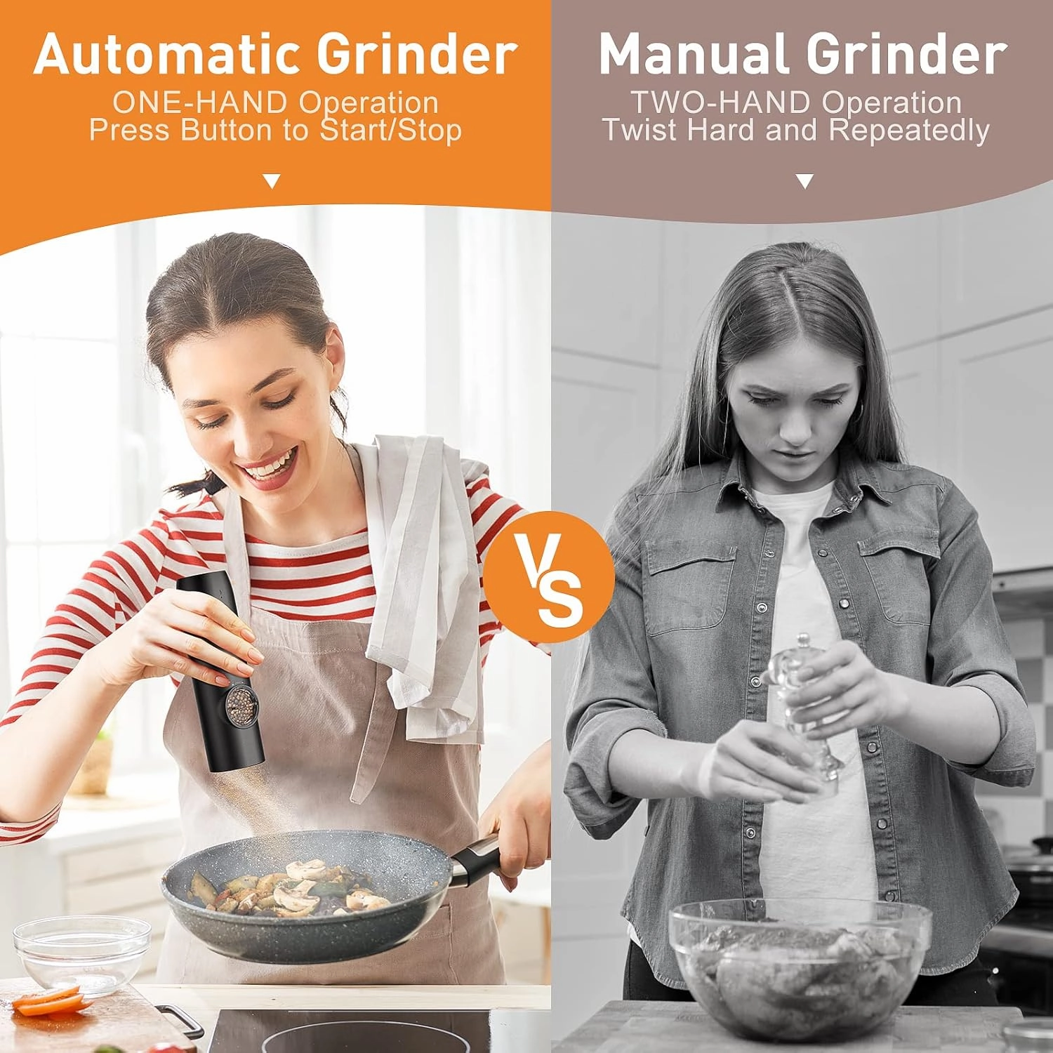 Electric Salt and Pepper Grinder Set, Rechargeable Automatic Pepper Mill Grinder with LED Light, Adjustable Coarseness shakers, One-Hand Operation for Kitchen(2 Pack,Black White)