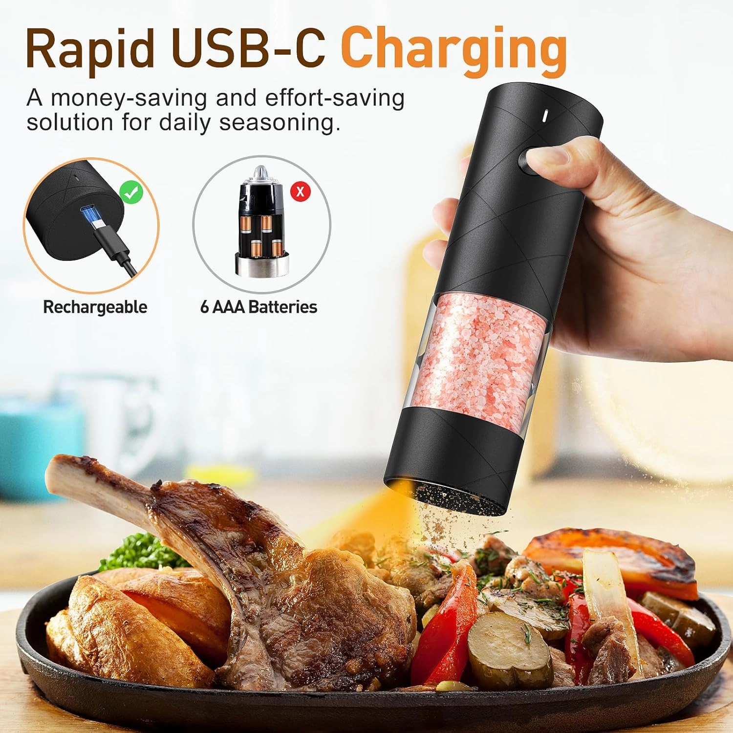 Electric Salt and Pepper Grinder Set, Rechargeable Automatic Pepper Mill Grinder with LED Light, Adjustable Coarseness shakers, One-Hand Operation for Kitchen(2 Pack, Upgrade Black White)