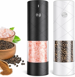 Electric Salt and Pepper Grinder Set, Rechargeable Automatic Pepper Mill Grinder with LED Light, Adjustable Coarseness shakers, One-Hand Operation for Kitchen(2 Pack, Upgrade Black White)