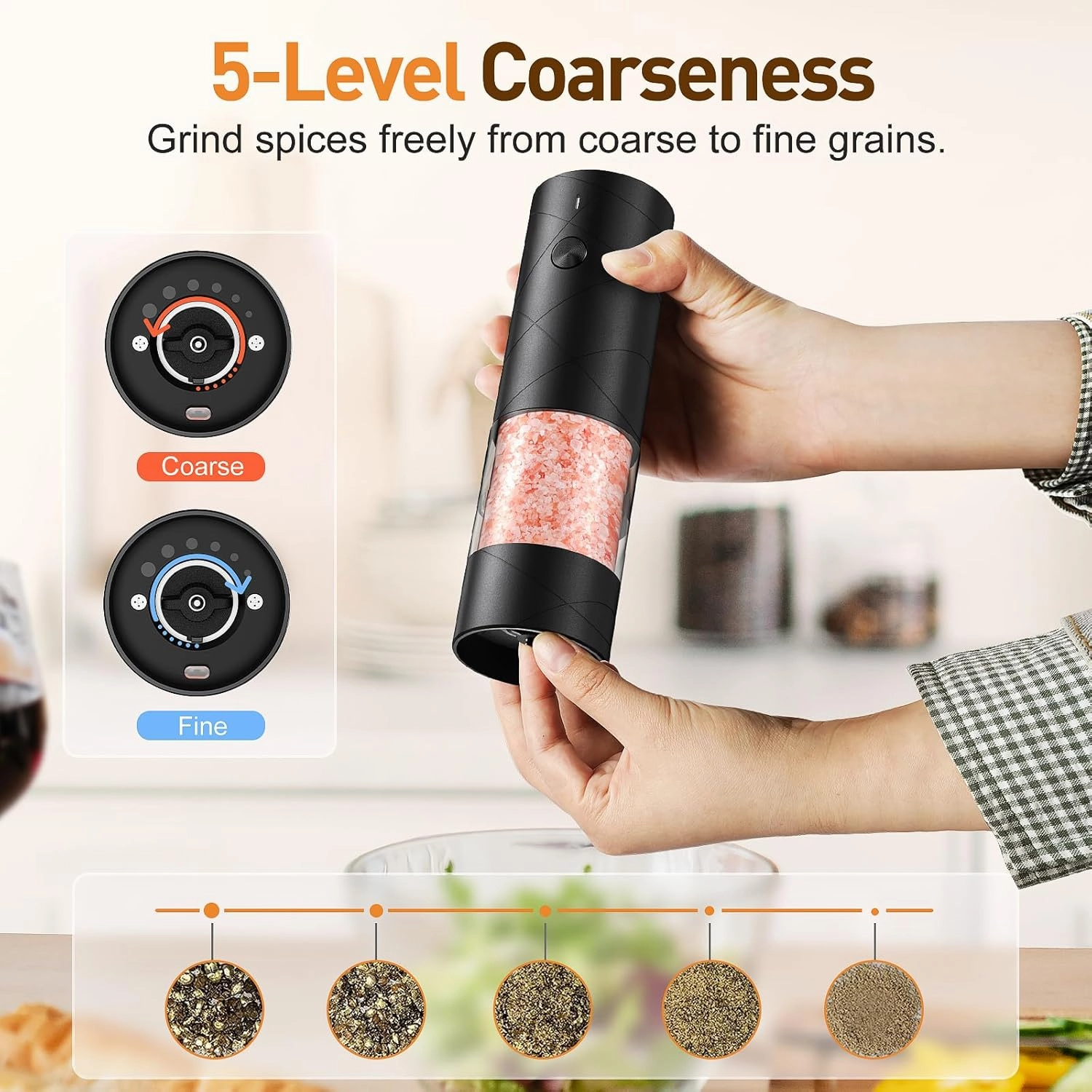 Electric Salt and Pepper Grinder Set, Rechargeable Automatic Pepper Mill Grinder with LED Light, Adjustable Coarseness shakers, One-Hand Operation for Kitchen(2 Pack, Upgrade Black White)