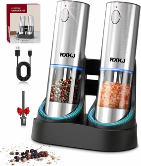 Electric Salt and Pepper Grinder Set, Stainless Steel Automatic Pepper Grinder with Upgraded Charge Base and LED Light, Adjustable Coarseness, Rechargeable Sea Salt Spice Mill Set, Ideal for Kitchen