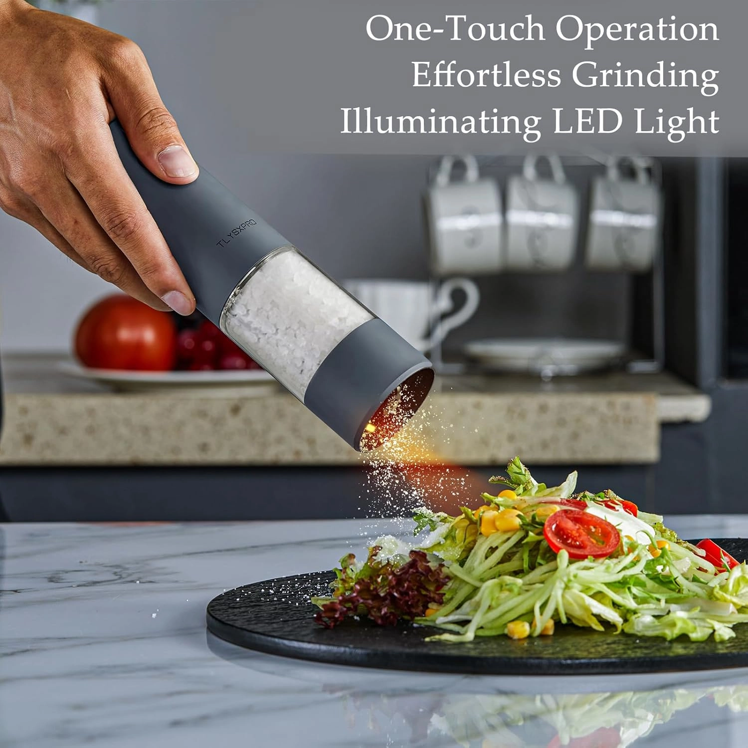 Electric Salt and Pepper Grinder Set with USB Rechargeable, Automatic One Hand Operation with Adjustable Coarseness, Pepper Mill Grinder Refillable with LED Light (2 Packs, Blue-Grey)