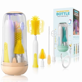 Electric Travel Baby Bottle Brush Set with Storage Box, Automatic Bottle Cleaner Brush Kit with Silicone Bottle/Nipple/Straw Brush,Milk Frother Electric and Drainage Rack, Rechargeable, Yellow