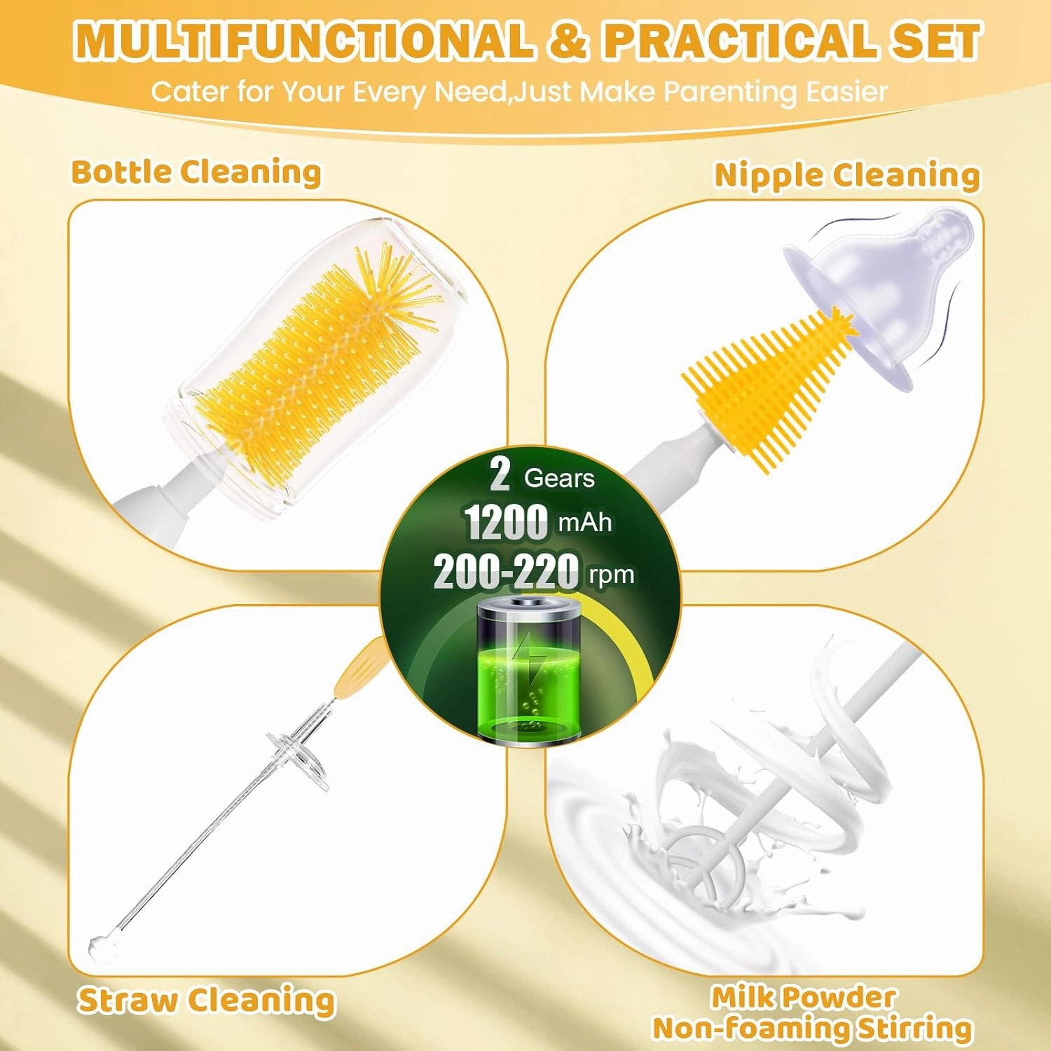 Electric Travel Baby Bottle Brush Set with Storage Box, Automatic Bottle Cleaner Brush Kit with Silicone Bottle/Nipple/Straw Brush,Milk Frother Electric and Drainage Rack, Rechargeable, Yellow