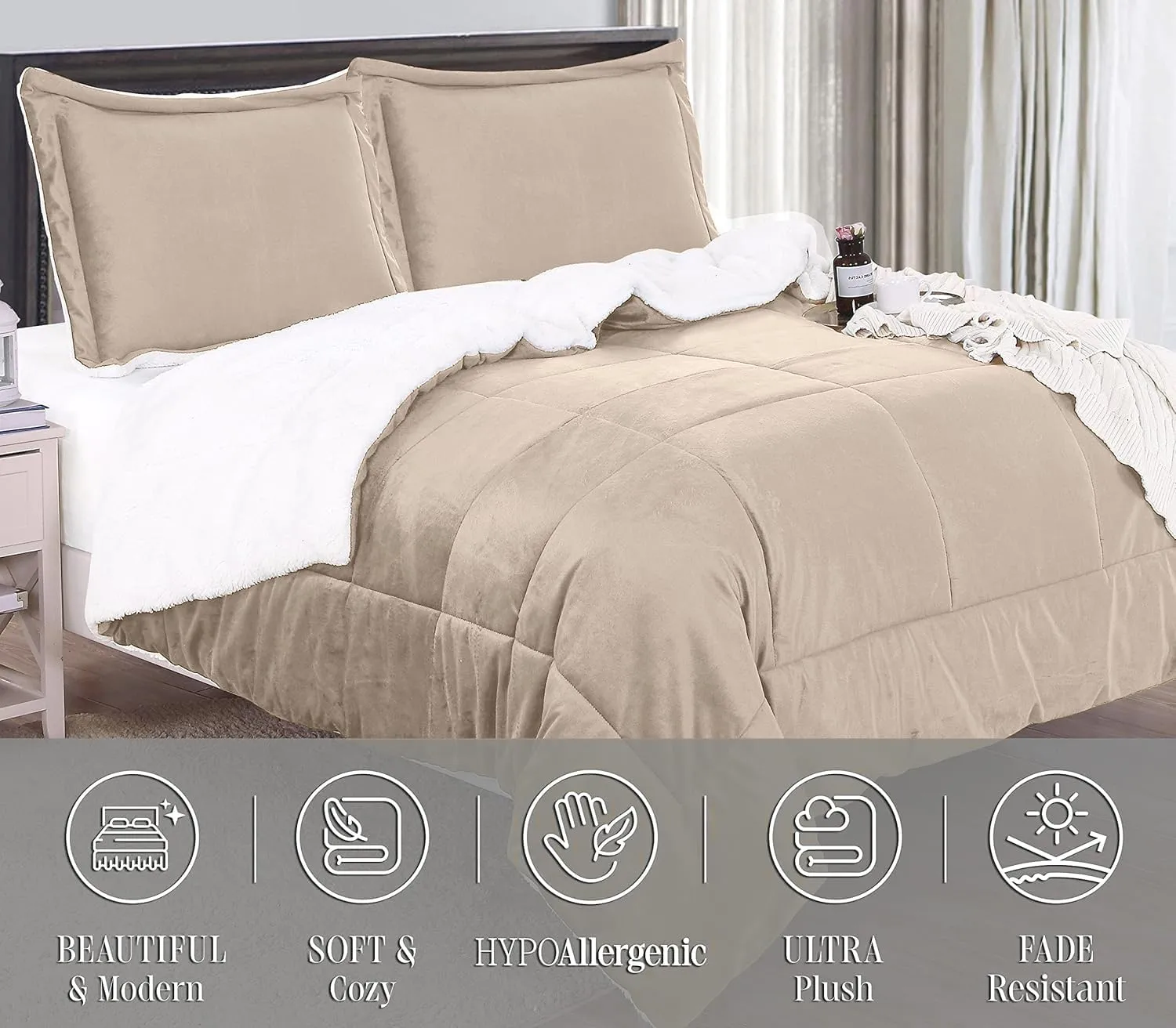 Elegant Comfort Super Soft Sherpa Comforter 2-Piece Set Premium Quality, Heavy Weight Reversible Down Alternative Micro-Suede, Sherpa Comforter, Twin XL, Taupe