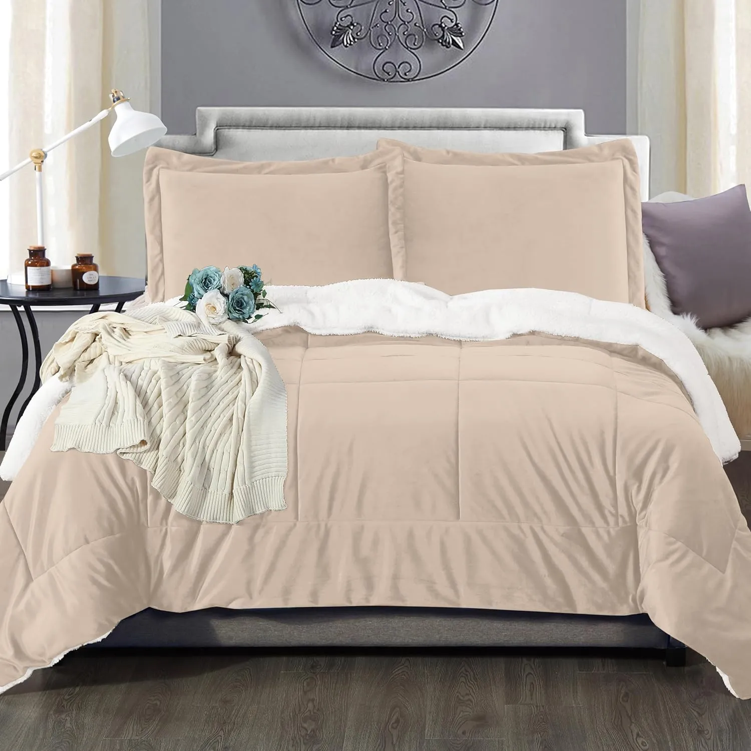 Elegant Comfort Super Soft Sherpa Comforter 2-Piece Set Premium Quality, Heavy Weight Reversible Down Alternative Micro-Suede, Sherpa Comforter, Twin XL, Taupe