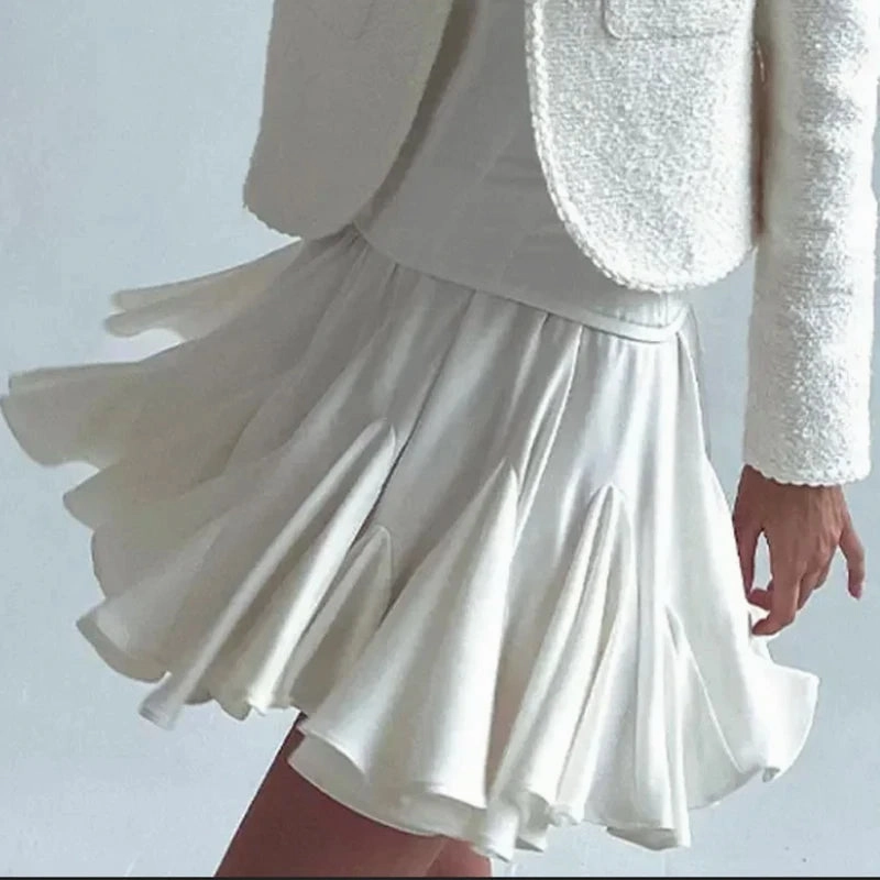 Elegant High Waist Mini Skirt White Ruffled for Women Fashion Casual Pleated Fluffy A-line Skirts Summer Lady Party Streetwear