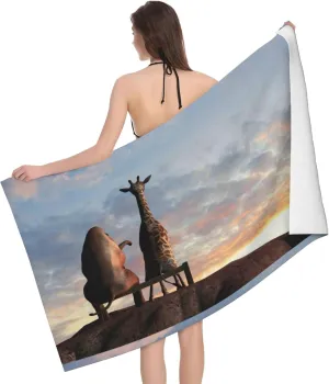 Elephant Giraffe On A Mountain Top Sunset Luxury Bath Towels 32 x 52 Inches Microfiber Ultra Soft Absorbent Lightweight and Quick Drying Bath Towel for Bathroom,Yoga,SPA,Fitness