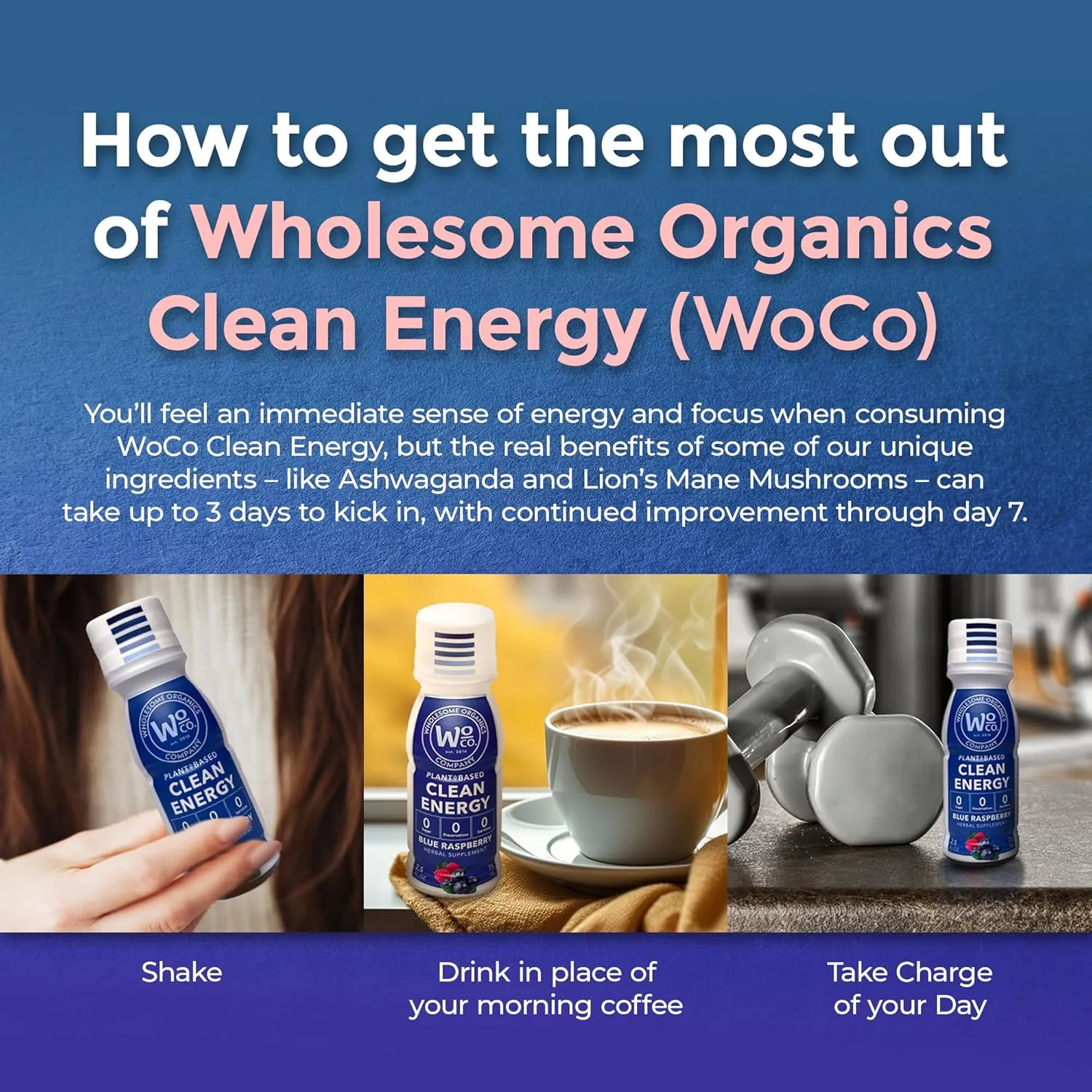 Energy Shots - Healthy Natural Energy Boost | Clean Caffeine from Yerba Mate & Guarana | Ashwagandha & Vitamins for Focus, Clarity & Stress Relief | Sugar-Free, Blue Raspberry 2oz Shot (12-Pack)