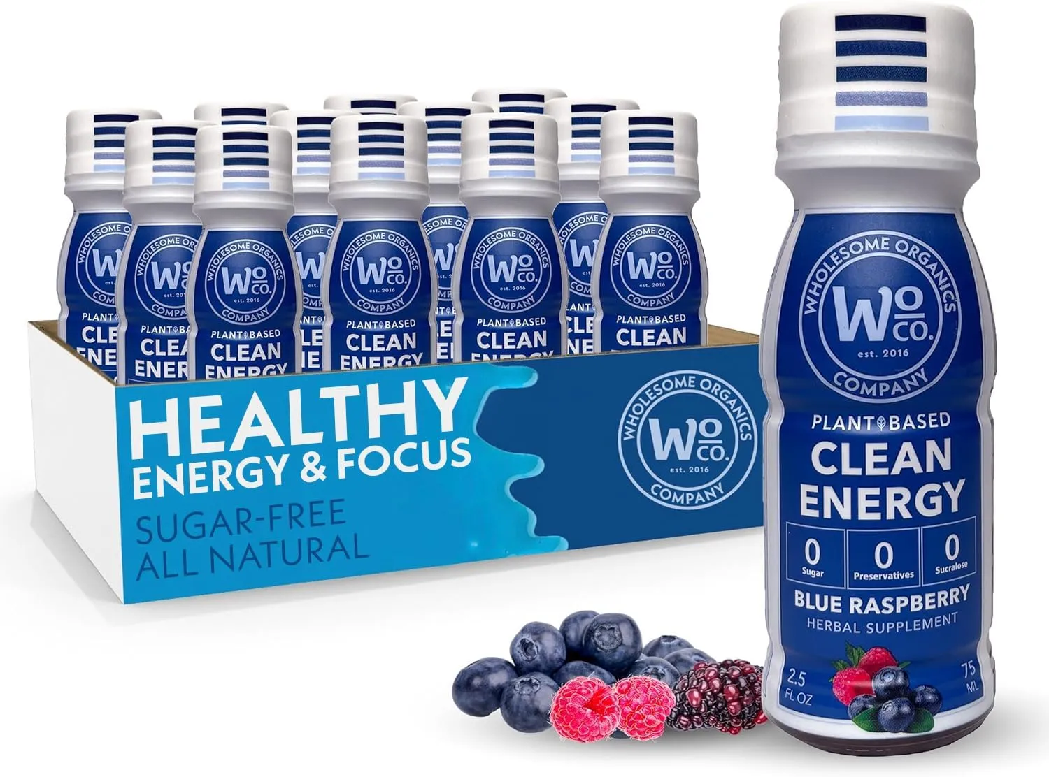 Energy Shots - Healthy Natural Energy Boost | Clean Caffeine from Yerba Mate & Guarana | Ashwagandha & Vitamins for Focus, Clarity & Stress Relief | Sugar-Free, Blue Raspberry 2oz Shot (12-Pack)