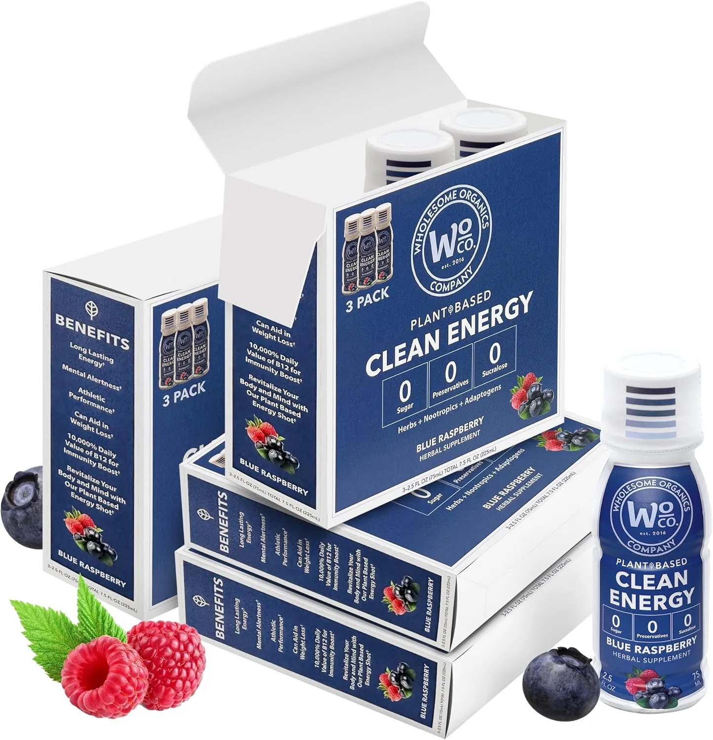 Energy Shots - Healthy Natural Energy Boost | Clean Caffeine from Yerba Mate & Guarana | Ashwagandha & Vitamins for Focus, Clarity & Stress Relief | Sugar-Free, Blue Raspberry 2oz Shot (12-Pack)