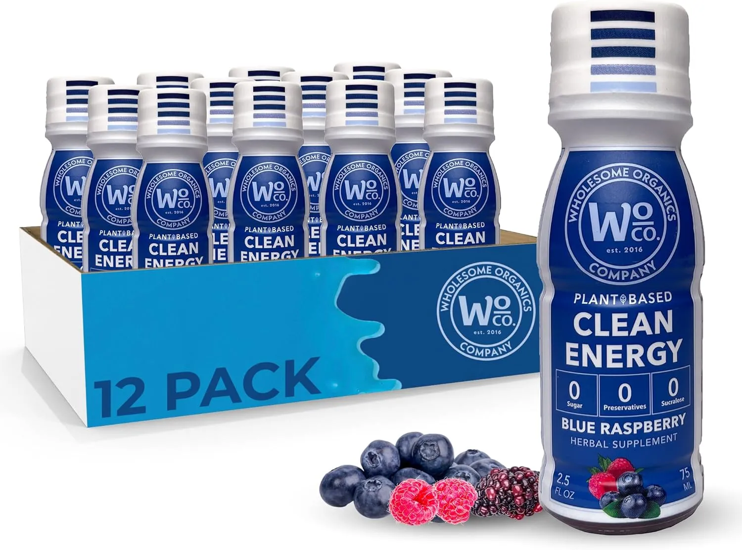 Energy Shots - Healthy Natural Energy Boost | Clean Caffeine from Yerba Mate & Guarana | Ashwagandha & Vitamins for Focus, Clarity & Stress Relief | Sugar-Free, Blue Raspberry 2oz Shot (12-Pack)