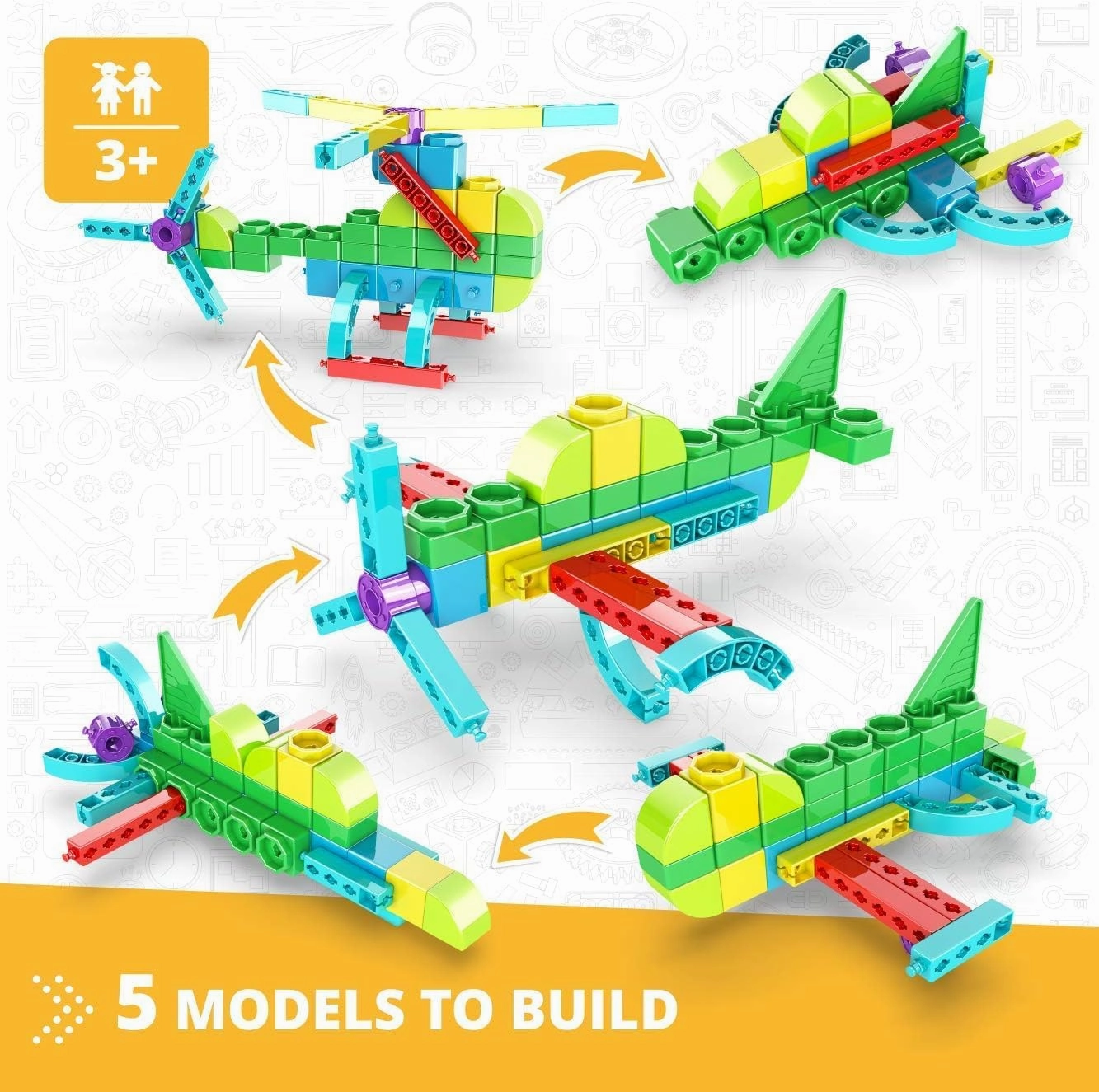 Engino: STEAM Labs Junior: Learning About…Aircrafts - 5 Model Toy Brick Building Set, Facts Storybook & Number Activities, Stack & Click Play, Kids 3 