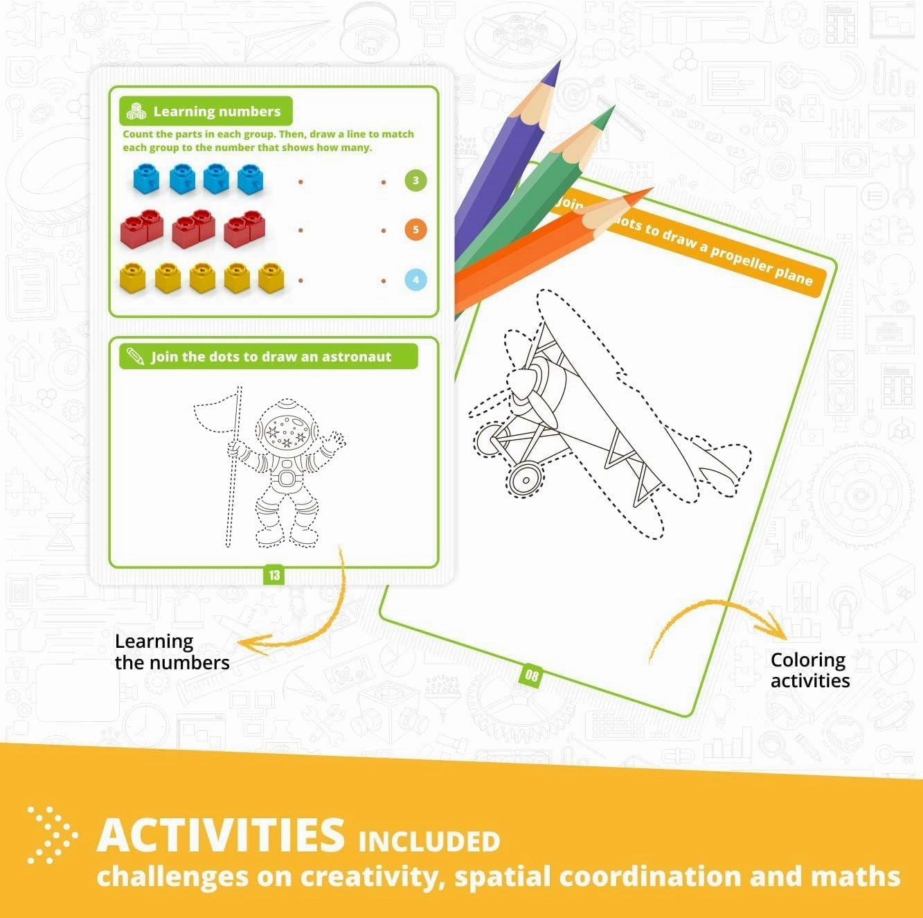 Engino: STEAM Labs Junior: Learning About…Aircrafts - 5 Model Toy Brick Building Set, Facts Storybook & Number Activities, Stack & Click Play, Kids 3 