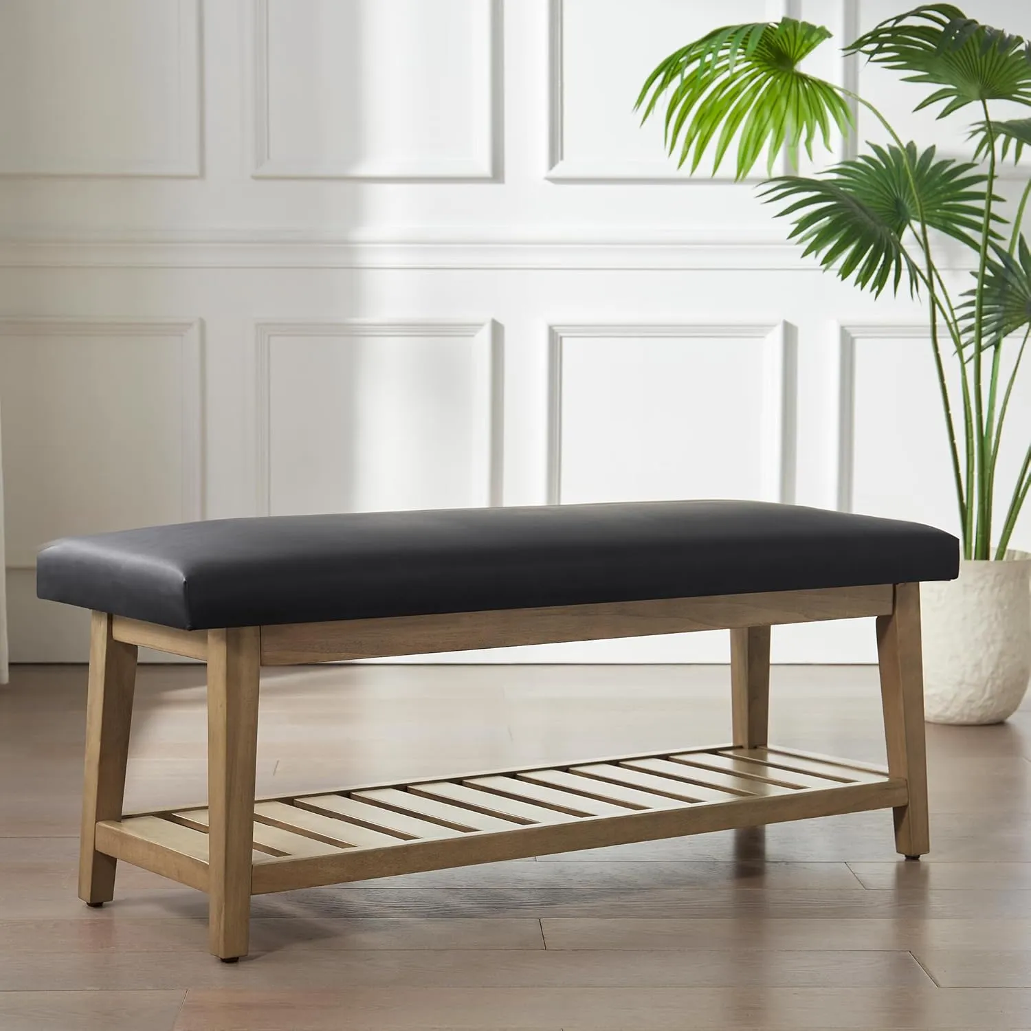 Entryway Bench, Chenille Upholstered Shoe Benches for Bedroom, Ottoman Bench with Solid Wood Shelf, Storage Bench for Hallway, Living Room(Black)