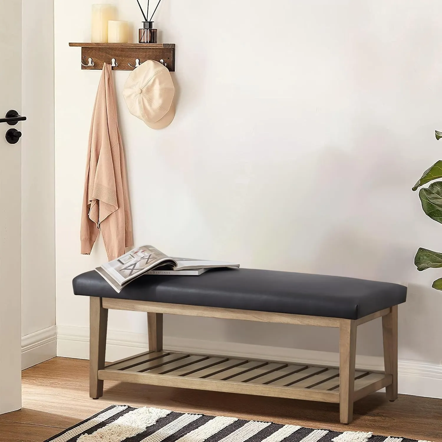 Entryway Bench, Chenille Upholstered Shoe Benches for Bedroom, Ottoman Bench with Solid Wood Shelf, Storage Bench for Hallway, Living Room(Black)