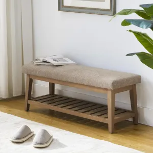 Entryway Shoe Bench with Cushion, End of Bed Bench,Upholstered Bench for Kitchen, Bench with Solid Wood Shelf, Fabric Ottoman Bench for Hallway, Living Room (Brown)