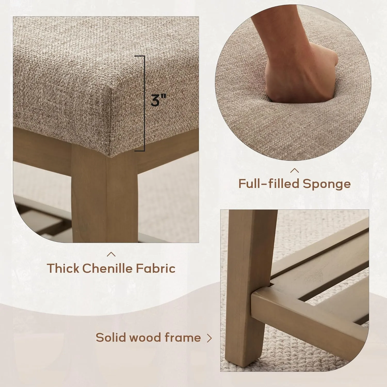 Entryway Shoe Bench with Cushion, End of Bed Bench,Upholstered Bench for Kitchen, Bench with Solid Wood Shelf, Fabric Ottoman Bench for Hallway, Living Room (Brown)