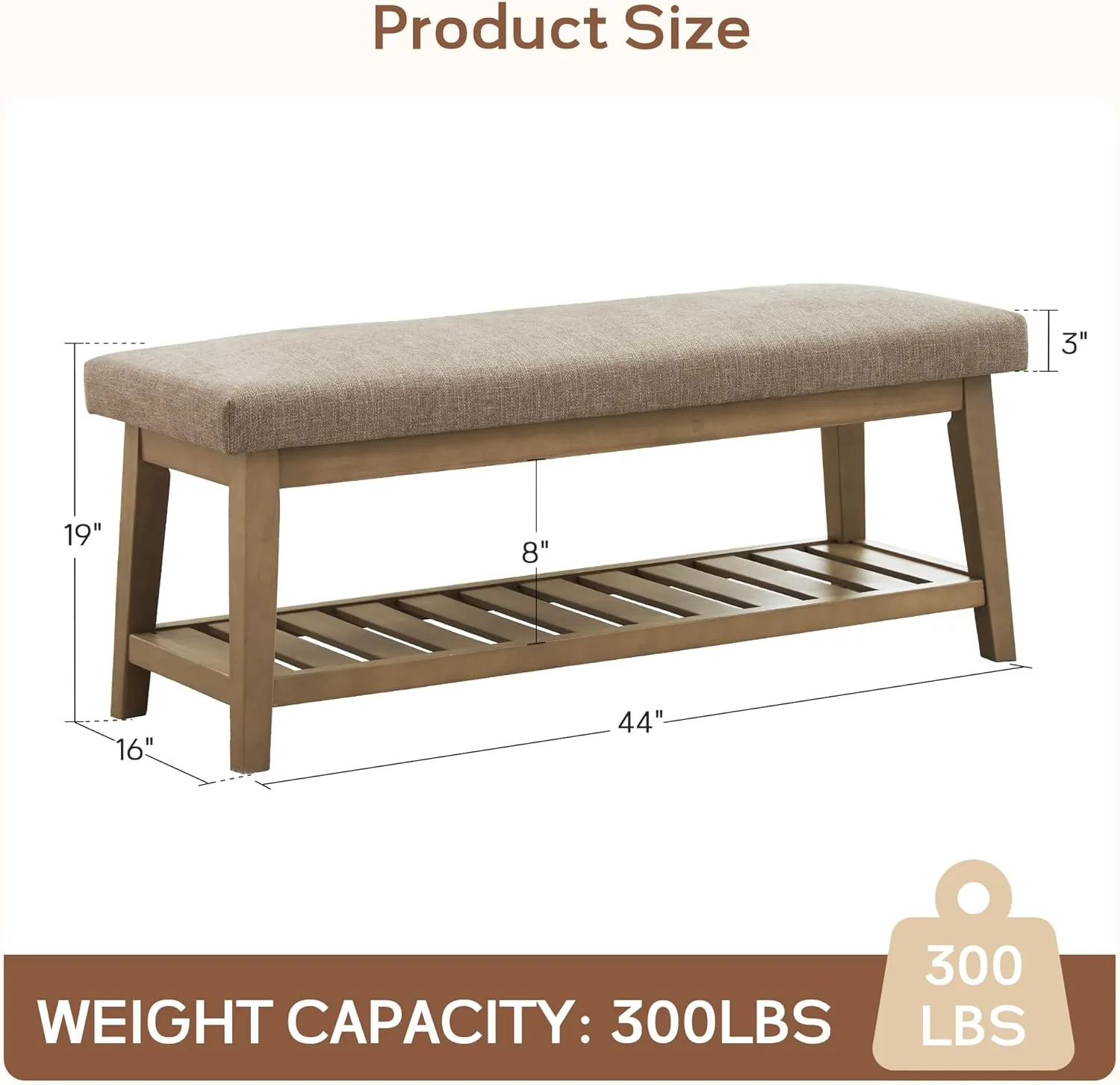 Entryway Shoe Bench with Cushion, End of Bed Bench,Upholstered Bench for Kitchen, Bench with Solid Wood Shelf, Fabric Ottoman Bench for Hallway, Living Room (Brown)
