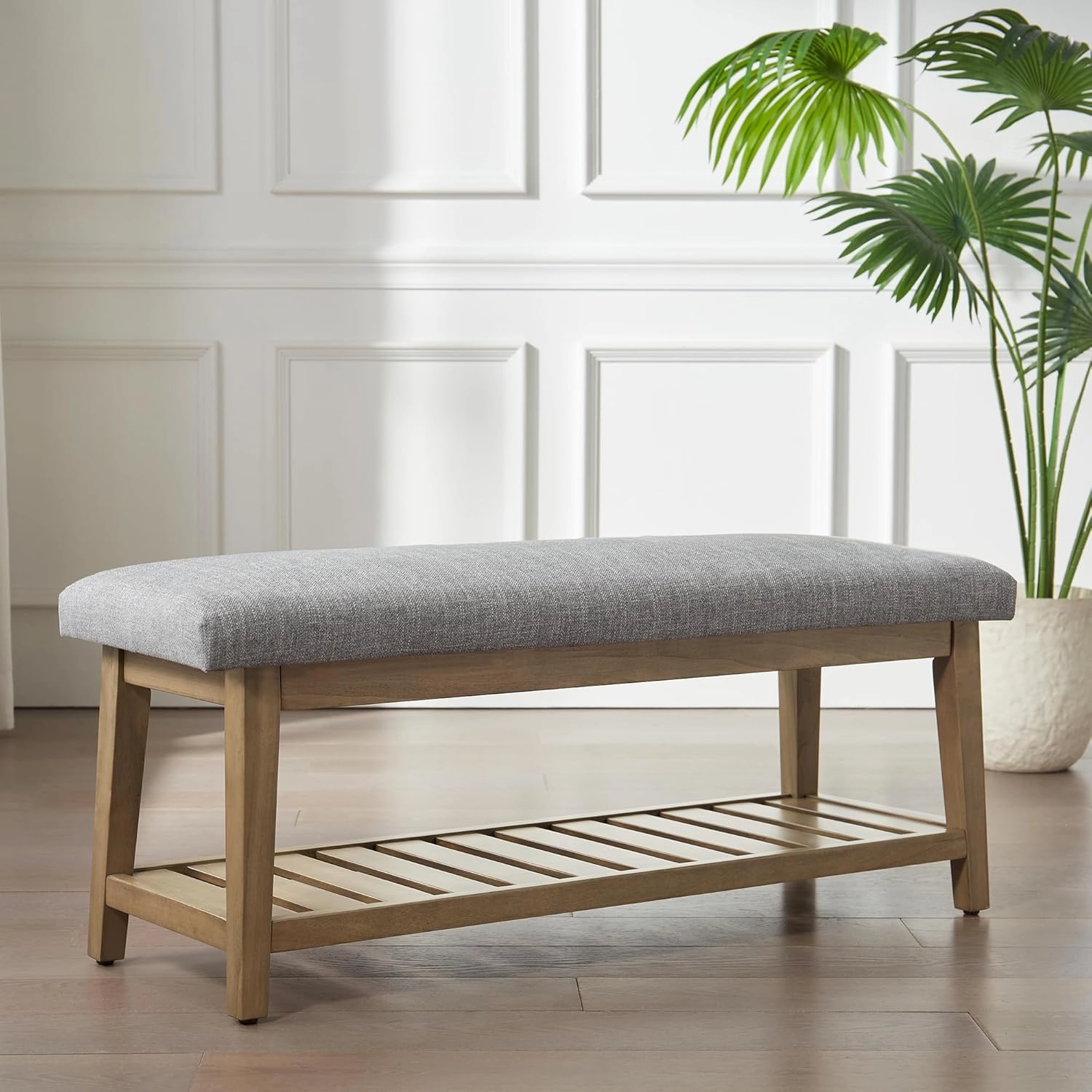 Entryway Bench, Chenille Upholstered Shoe Benches for Bedroom, Ottoman Benches with Solid Wood Shelf, Storage Bench for Hallway, Living Room(Grey)