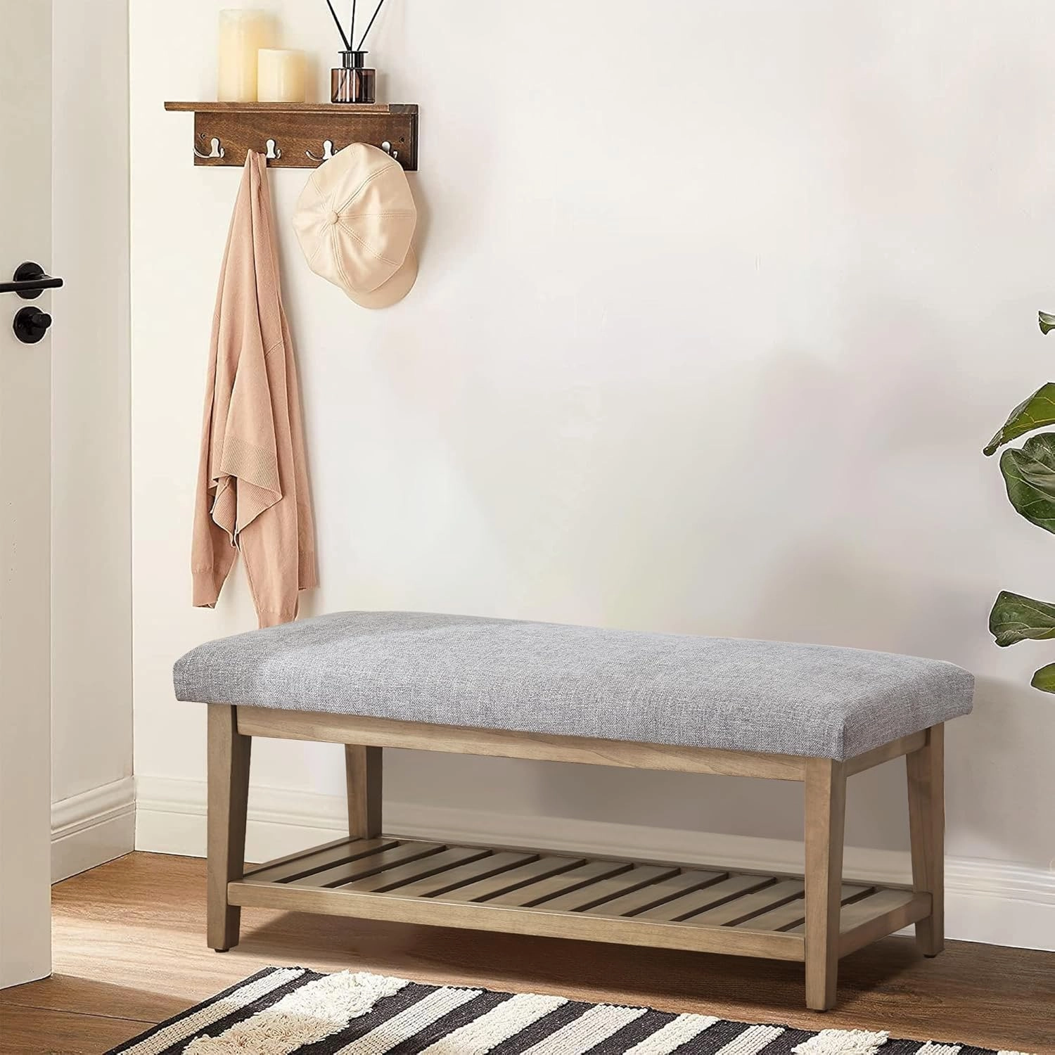 Entryway Bench, Chenille Upholstered Shoe Benches for Bedroom, Ottoman Benches with Solid Wood Shelf, Storage Bench for Hallway, Living Room(Grey)