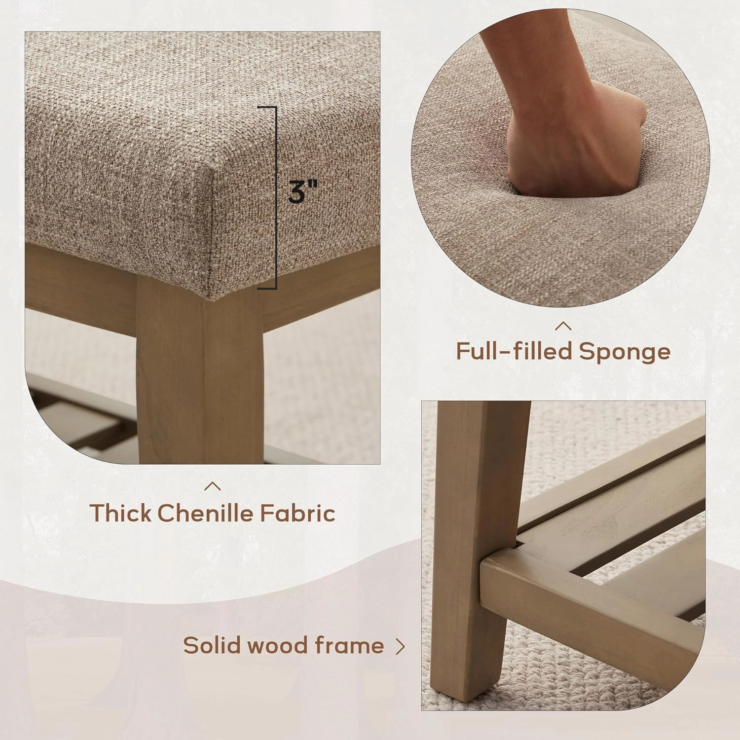 Entryway Shoe Bench with Cushion, End of Bed Bench,Upholstered Bench for Kitchen, Bench with Solid Wood Shelf, Fabric Ottoman Bench for Hallway, Living Room (Brown)