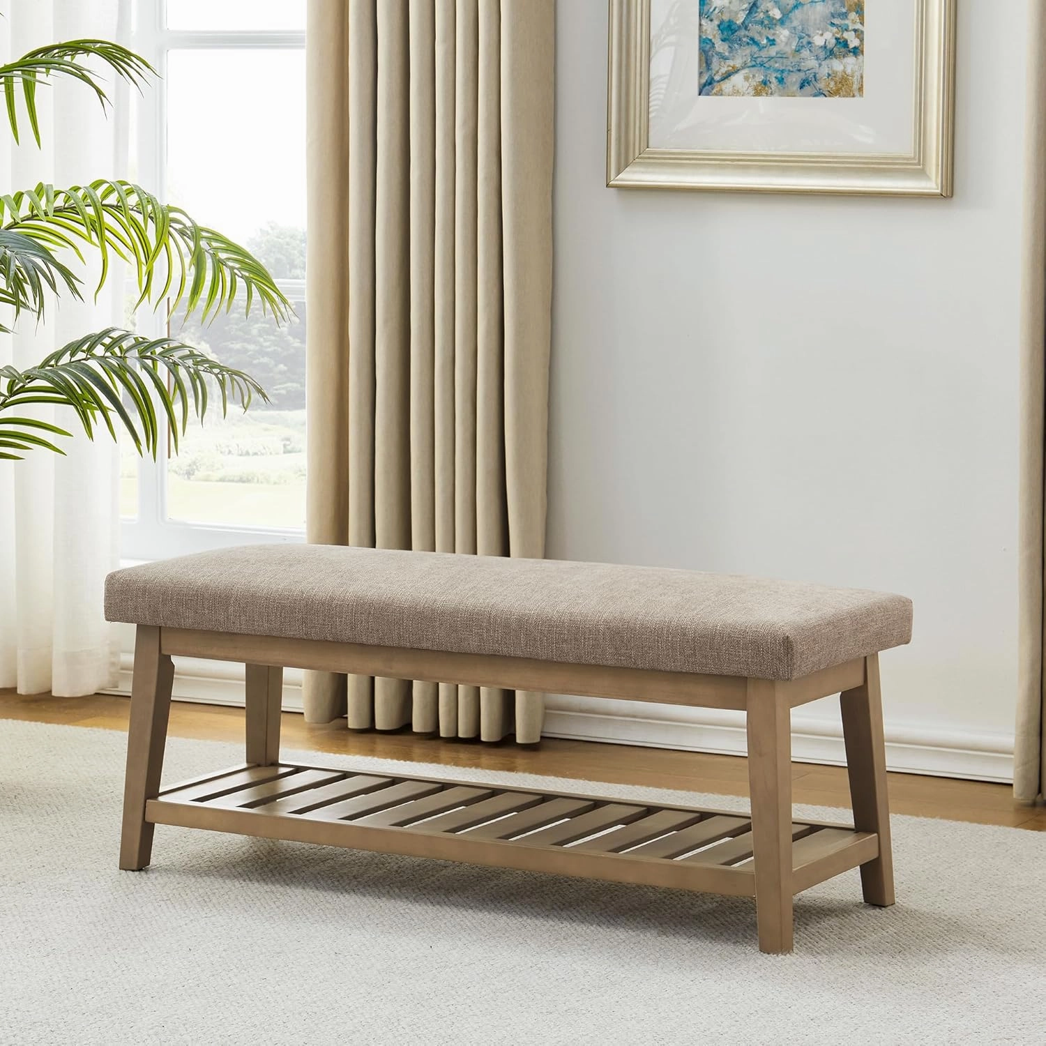Entryway Shoe Bench with Cushion, End of Bed Bench,Upholstered Bench for Kitchen, Bench with Solid Wood Shelf, Fabric Ottoman Bench for Hallway, Living Room (Brown)