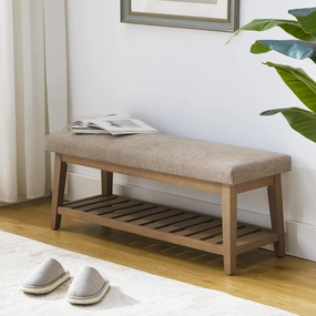 Entryway Shoe Bench with Cushion, End of Bed Bench,Upholstered Bench for Kitchen, Bench with Solid Wood Shelf, Fabric Ottoman Bench for Hallway, Living Room (Brown)