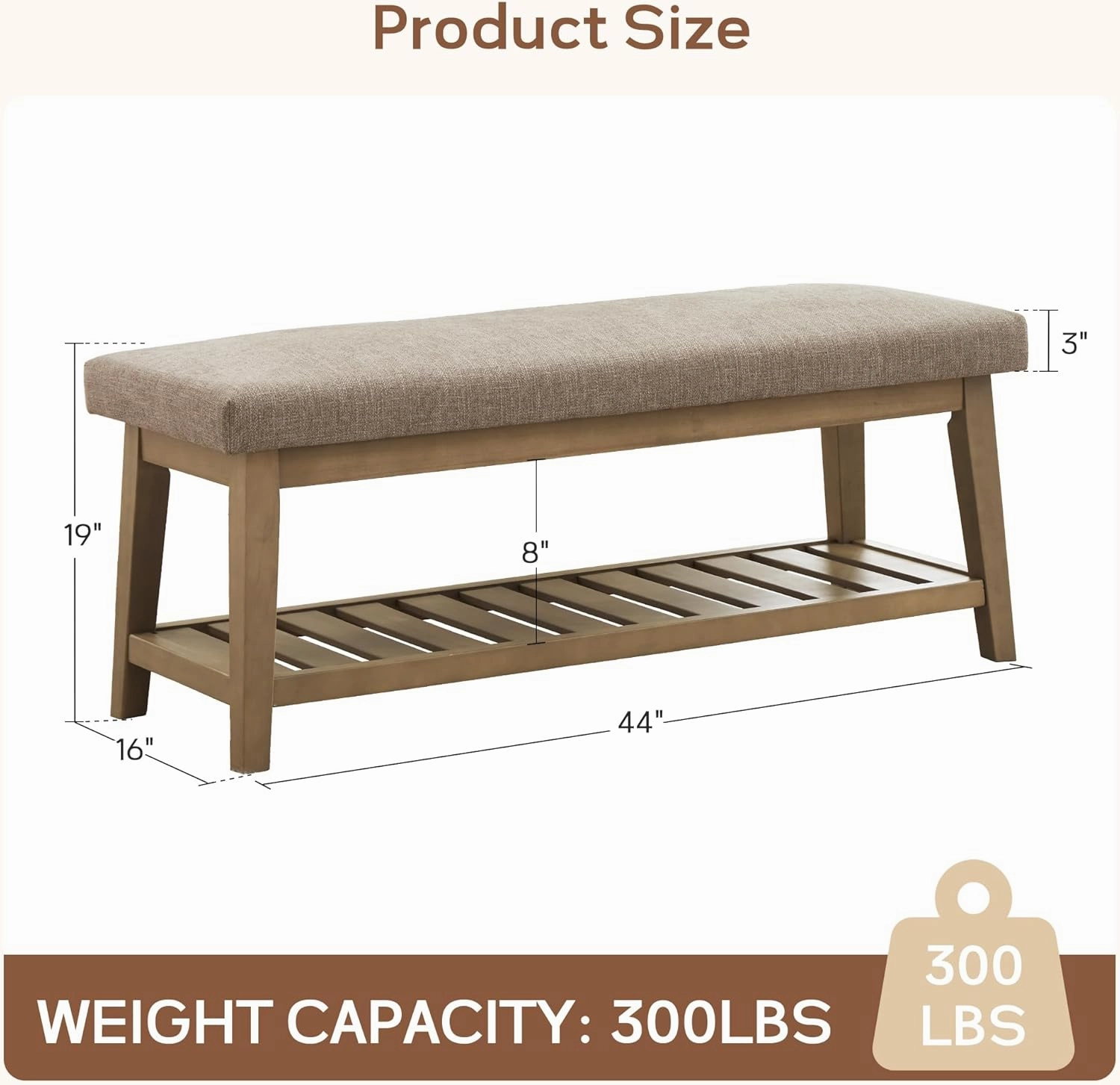 Entryway Shoe Bench with Cushion, End of Bed Bench,Upholstered Bench for Kitchen, Bench with Solid Wood Shelf, Fabric Ottoman Bench for Hallway, Living Room (Brown)