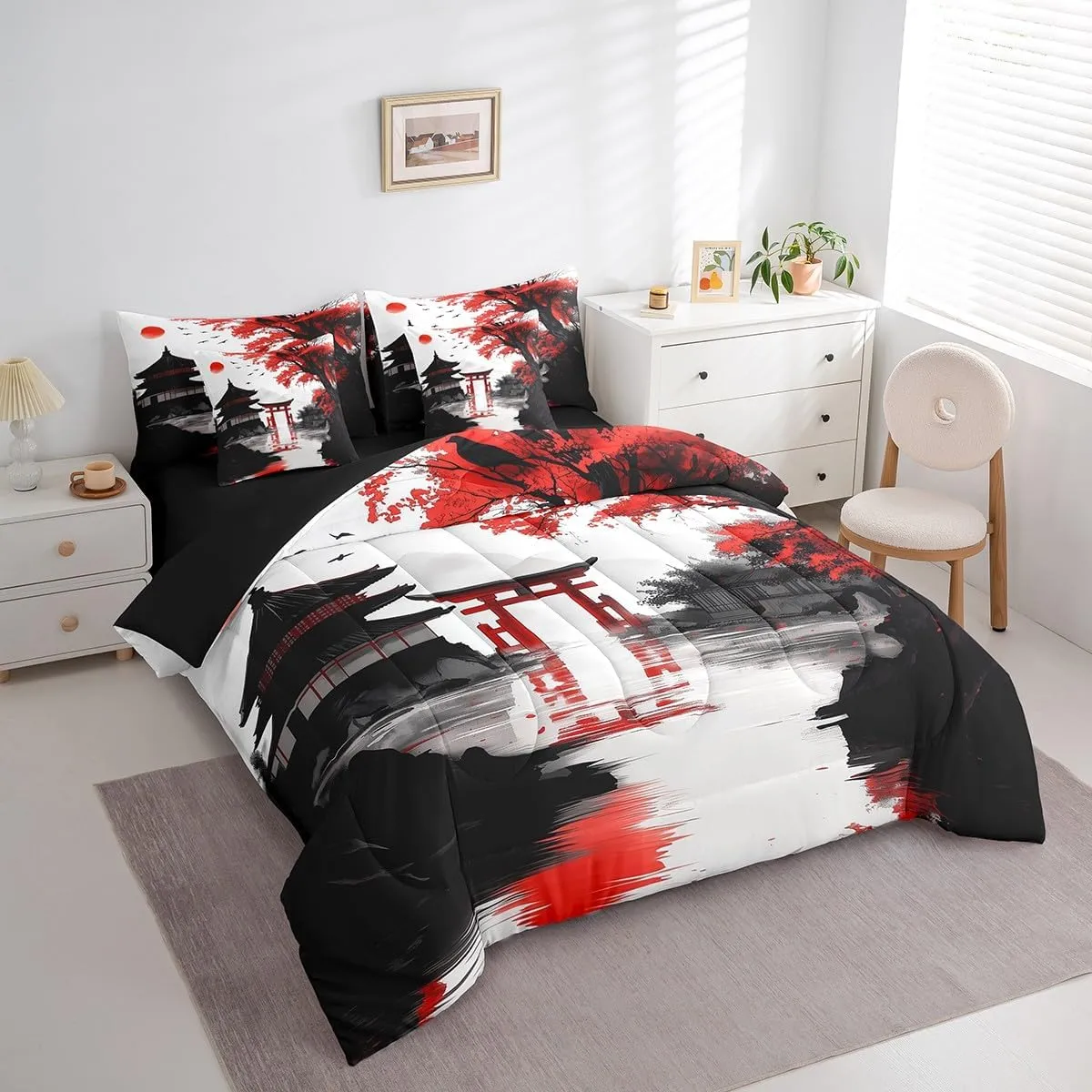 Erosebridal Japanese King Comforter Set with Sheets 7 Piece Sun Cherry Blossom Bedding Set for Girls Women Watercolor Black Red Mountain Sakura Floral Bed in A Bag Asian Chinese Ink Sheet Set