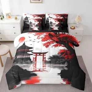 Erosebridal Japanese King Comforter Set with Sheets 7 Piece Sun Cherry Blossom Bedding Set for Girls Women Watercolor Black Red Mountain Sakura Floral Bed in A Bag Asian Chinese Ink Sheet Set